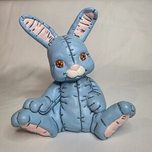 Ceramic Rabbit Bunny Blue Painted Quilted Tufted 7" Doll Glass
